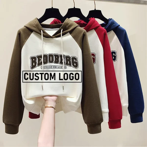 High-quality simple crop tops with a custom puff print for ladies, acid-washed wholesale embroidered 100% cotton hoodie set sweatshirt - Image 2