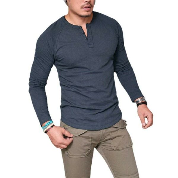 Brand New Discount Bulk Men's Long Sleeve Raglan T-Shirt with Three Buttons Henley Design - Image 7