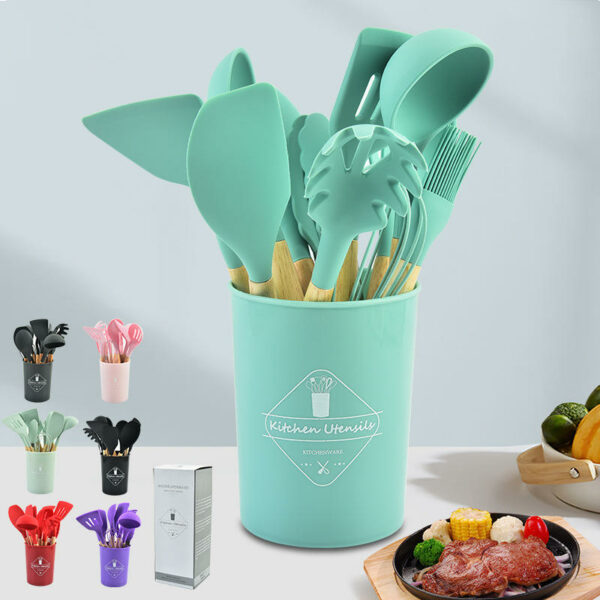 BPA-free nonstick wooden kitchen utensils in a wholesale silicone cooking set with a holder. - Image 2