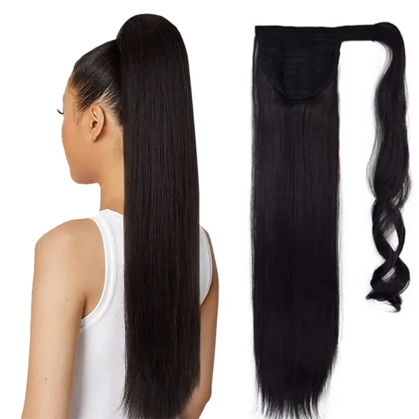 Long, tangle-free synthetic ponytail extensions made of heat-resistant synthetic fiber are available. - Image 2