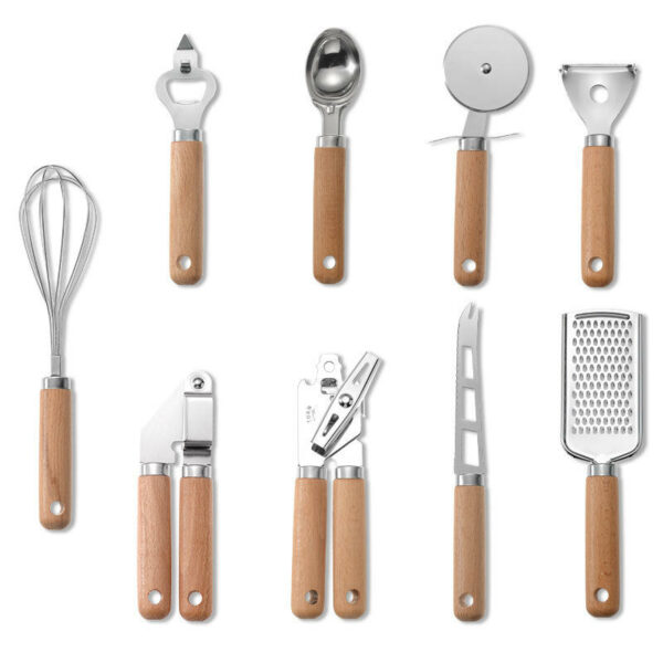 Nine wooden handle baking tools in a set Kitchen tools: pizza cheese cutter, bottle opener, stainless steel whisk, and can opener