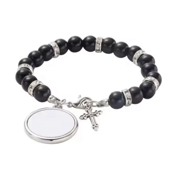 Excellent Christian Bracelet Made of Stainless Steel with Zircon Inlay and White Beads, Elastic for Women - Image 2