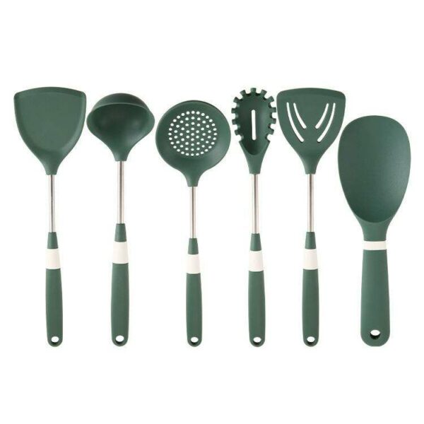 Non-stick 304 Stainless Steel Soft Silicone Cookware Utensils Set - New Design Morandi Black Green 6 Piece Opp Bag Eco-friendly