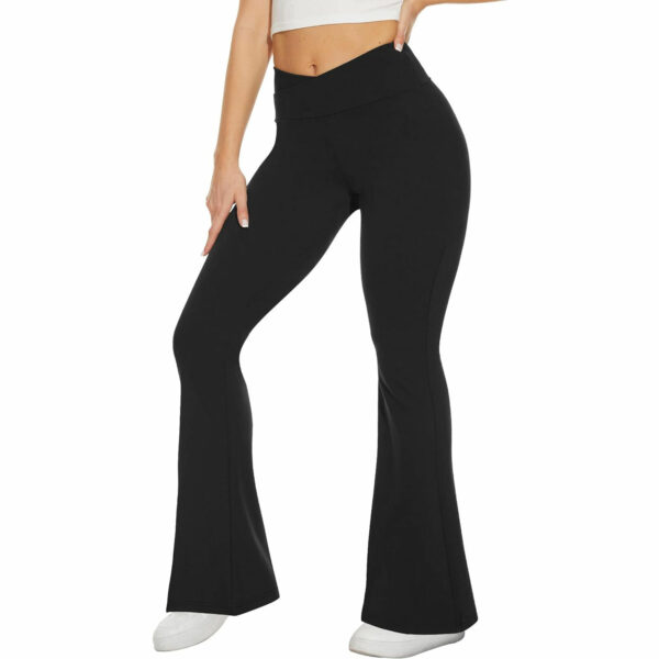 Stylish Crossover High Waist Bell Bottom V-Cut Black Flare Leggings with a Customized Casual Bootcut Yoga Pant Style for Women - Image 2