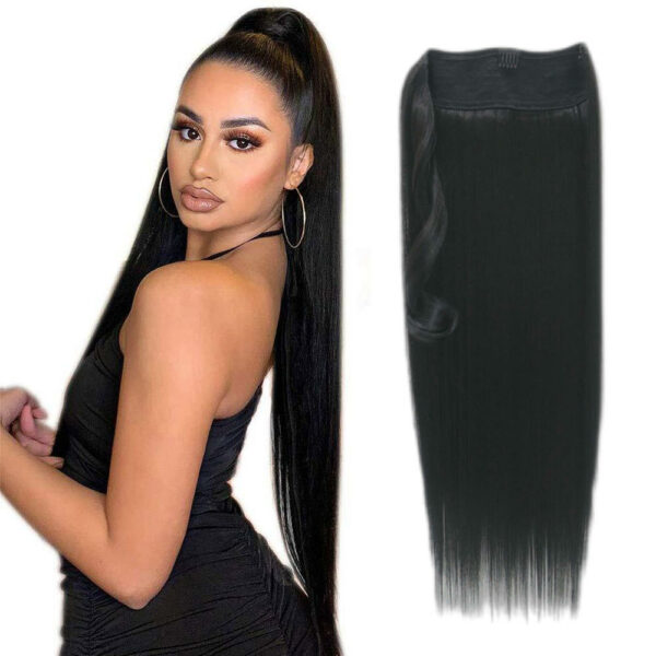 Black Women's Silky Perruque Natural Warp Around Synthetic Hair Ponytail with Long Straight Clip