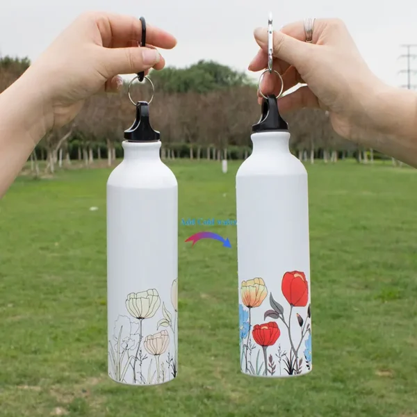 Custom printed aluminum bike water bottle with color-changing sublimation sports drink at wholesale prices. Adults Drinking Alone While Camping