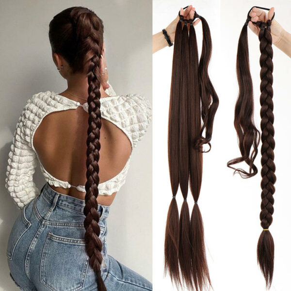 Wholesale Black Hairpiece Pony Tail with Hair Tie, High Temperature Fiber Synthetic Braided Ponytail Extensions - Image 2