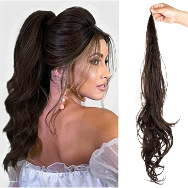 For everyday use, women can choose 32-inch custom-colored, 100-piece flexible wrap-around long curly synthetic wavy ponytail hair extensions. - Image 2