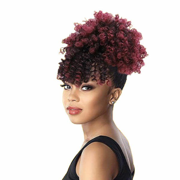 Drawstring Ponytail with Bangs, Short Curly Clip in Wrap Updo Hairpiece Afro Puff Extensions for Women - Image 2