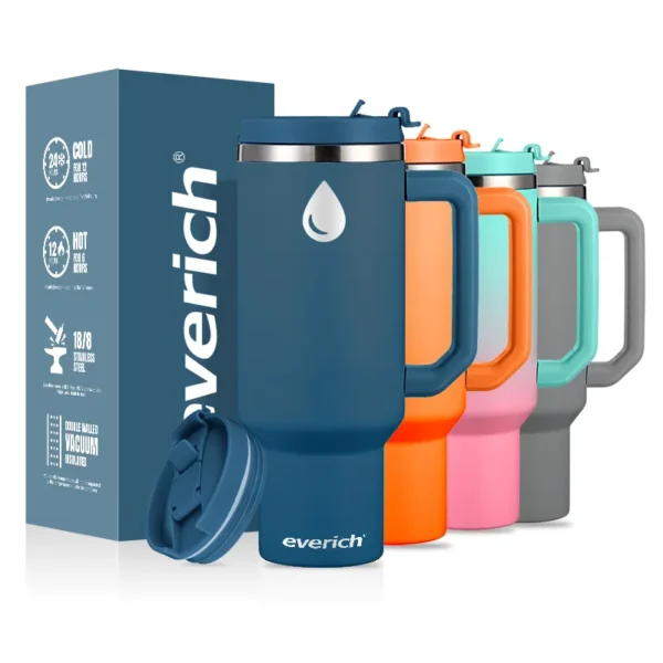 40-ounce Double Wall Insulated Vacuum Adventure Travel Mug with Lid and Straw, Powder Coated in Custom Logo Color. - Image 8