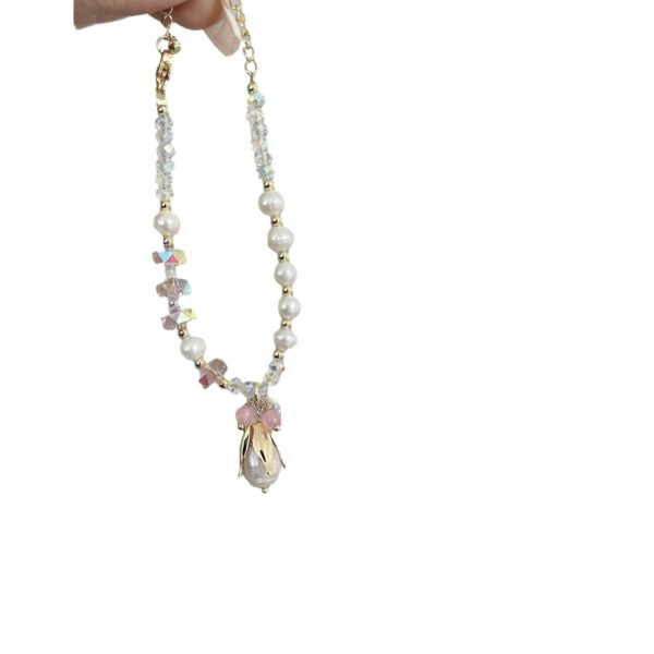 Baroque Advanced Commuter Beaded Bracelet - Pink Crystal Freshwater Pearl Flower Pendant Bracelet - Image 5