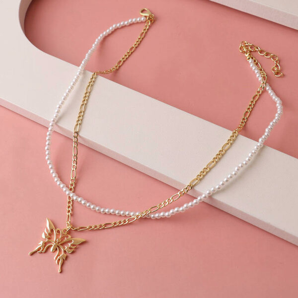 Elegant Double-Layed Sweater Necklace with 18K Gold Plated Freshwater Pearl Chain and Figaro Chain Pendant Necklace for Women