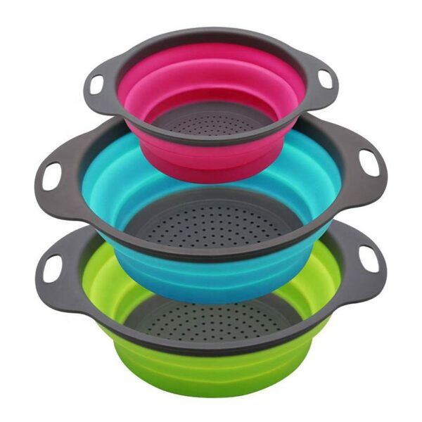 Three-piece set of round, foldable colanders for draining food, vegetables, and fruit in the kitchen