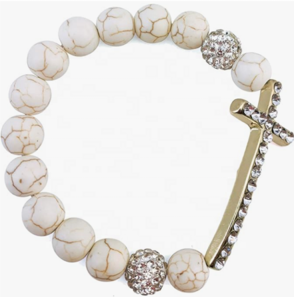 Excellent Women's Elastic Bracelet, White, Irregular Beaded Bracelet with Zircon Inlay Christian Cross Bracelet