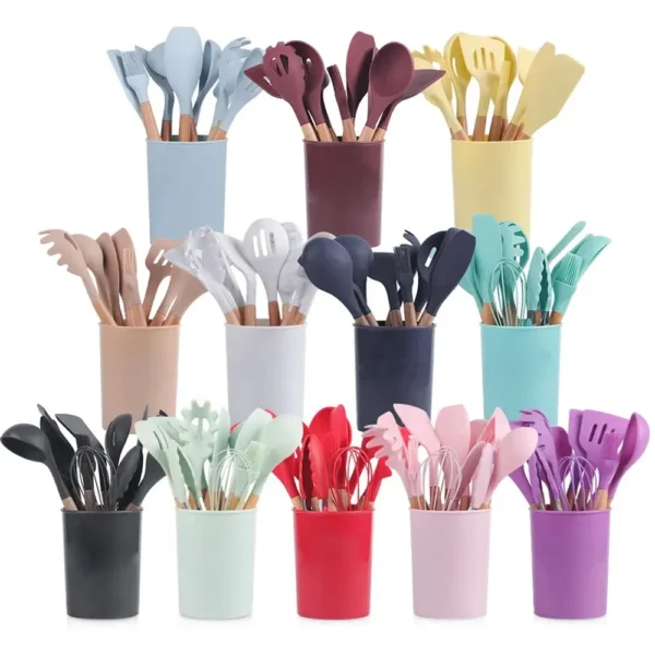 12-piece silicone kitchen utensil set with multiple functions Cooking Utensil Spatula Set with Wooden Handles - Image 2