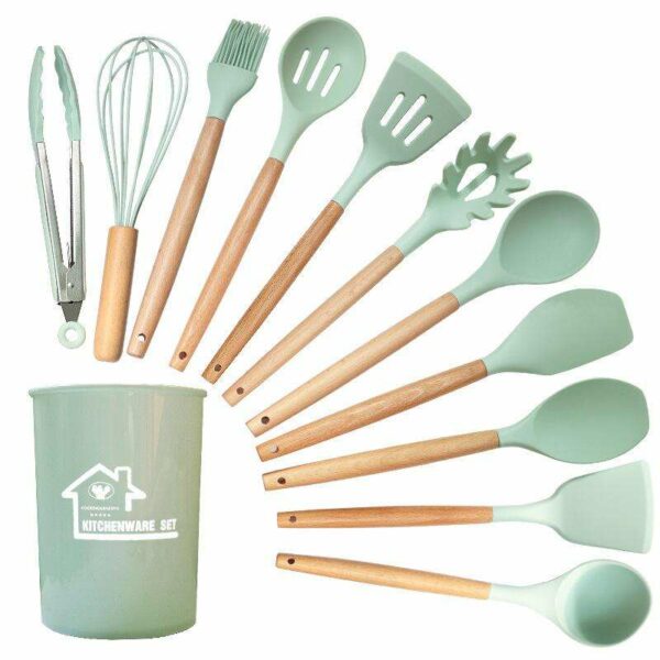 Twelve pieces of silicone kitchen accessories and cooking tools are on sale. Wooden-handled kitchen spatula utensil sets - Image 2