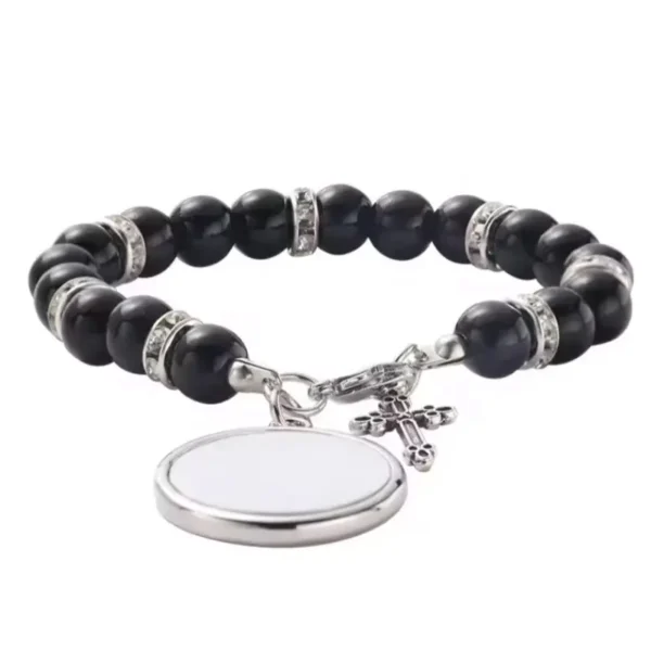 Excellent Christian Bracelet Made of Stainless Steel with Zircon Inlay and White Beads, Elastic for Women