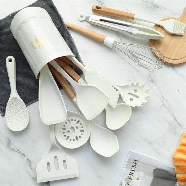 Twelve Piece Cooking Utensils in White Silicone Non-stick Cookware Set with Wooden Handle, Heat-Resistant Silicone Kitchen Utensils