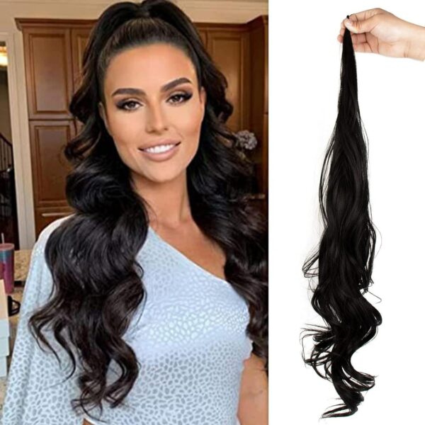 For everyday use, women can choose 32-inch custom-colored, 100-piece flexible wrap-around long curly synthetic wavy ponytail hair extensions.