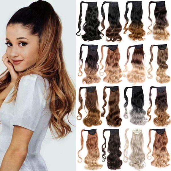 Popular style, simple to wear, wide range of colors Faux fiber hair, ombre silk curl, wraparound magic paste ponytail, synthetic wraparound