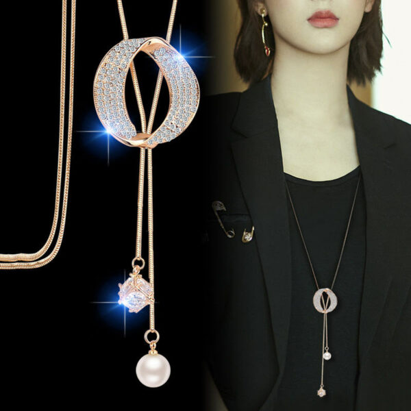 Oval Pearl Zircon Pendant Necklace in Trendy Fashion Women's Simple Long Necklace with Sweater Chain - Image 2