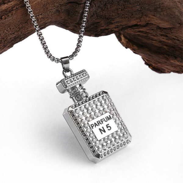 Women's hip-hop disco trendy No. 5 perfume bottle diamond pendant long necklace accessories, creative personalized sweater chain - Image 3