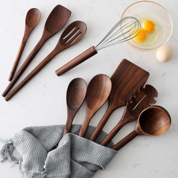 Superior Black Walnut Wooden Cooking Set with Nine Piece Utensils