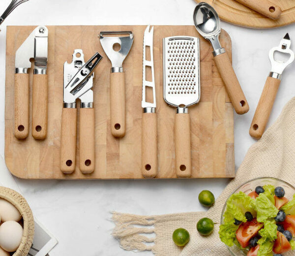 Nine wooden handle baking tools in a set Kitchen tools: pizza cheese cutter, bottle opener, stainless steel whisk, and can opener - Image 7