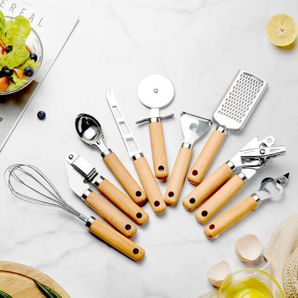 Nine wooden handle baking tools in a set Kitchen tools: pizza cheese cutter, bottle opener, stainless steel whisk, and can opener - Image 6