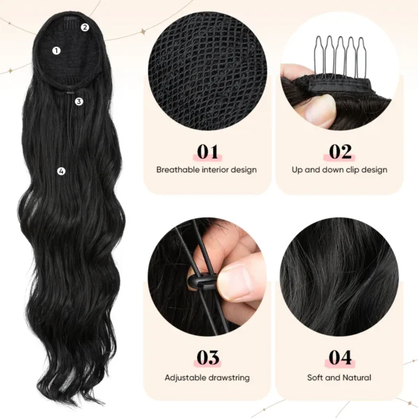 Premium Synthetic Natural Wavy Hair Extension for Women in a Long Curly Wavy Drawstring Ponytail with an Invisible Comb at Wholesale Prices - Image 3