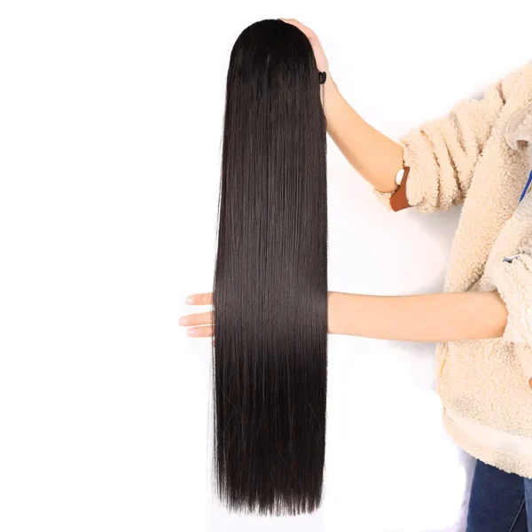 Long, tangle-free synthetic ponytail extensions made of heat-resistant synthetic fiber are available. - Image 3