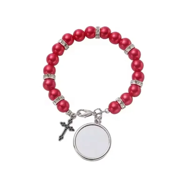 Excellent Christian Bracelet Made of Stainless Steel with Zircon Inlay and White Beads, Elastic for Women - Image 4