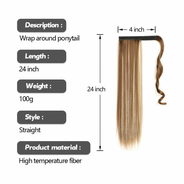 Long Straight Wrap Around Synthetic Ponytail Extensions at Wholesale Prices 24 inch fiber-colored ponytail clip in hairpiece - Image 4