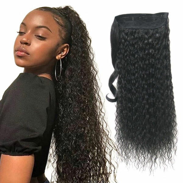 New Arrivals Synthetic Wrap Around Ponytail Flower Black Women's Afro Deep Wave Clip Hair Extensions in Long Size - Image 5