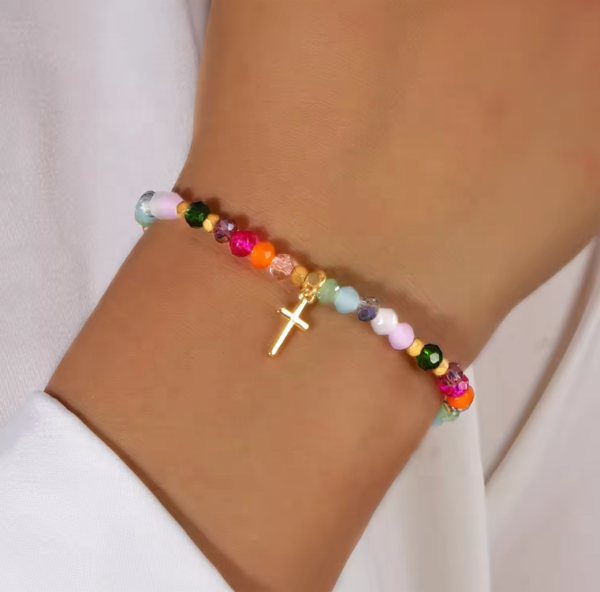 Antique Quality Stainless Steel Women's Elastic Gold Cross Colored Beaded Bracelet, Non-Corrosive and Non-Fading