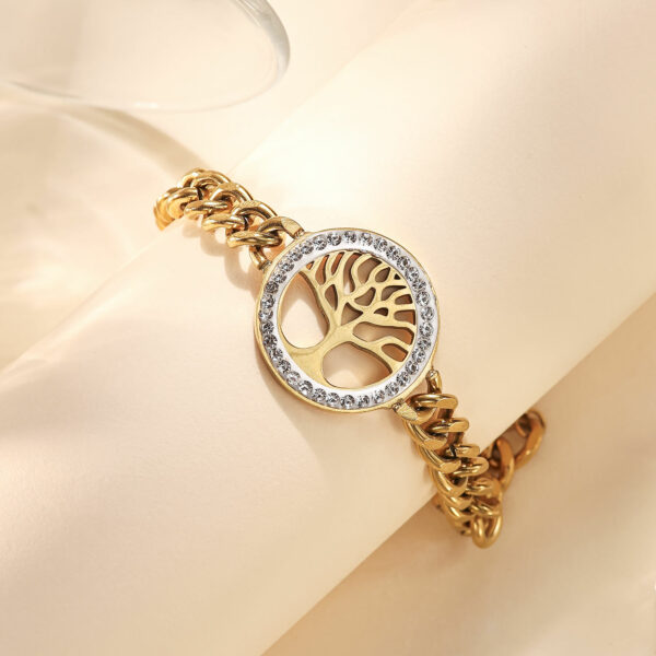 Contemporary Fashion Design Women's 18k Gold Plated Stainless Steel Hollow Zircon Tree of Life Bangle Bracelet