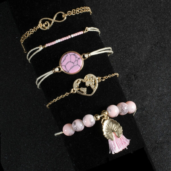 Wholesale 5 pieces per set, SinDlan Hand Beaded Bracelet Hollow Double Heart Pink Tassel Boho Bracelet for Ladies - Image 2