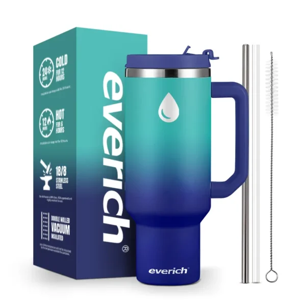 40-ounce Double Wall Insulated Vacuum Adventure Travel Mug with Lid and Straw, Powder Coated in Custom Logo Color. - Image 6