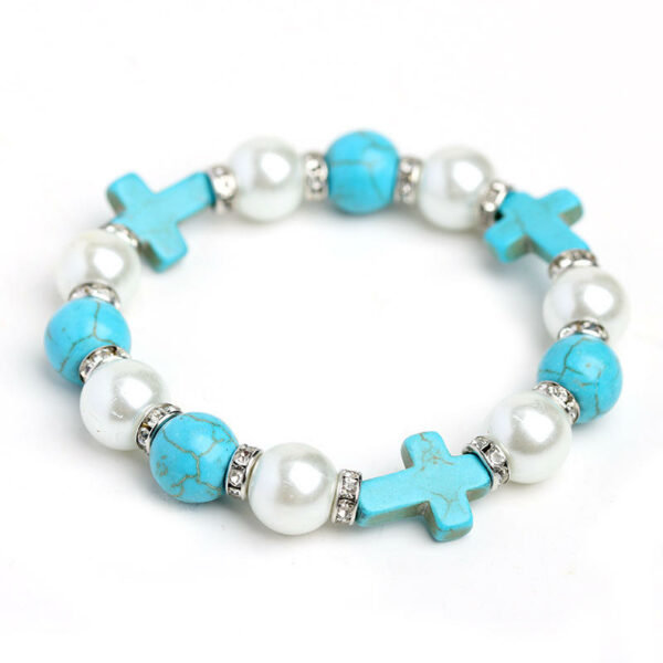 Fashionable Turquoise Baptism Pearl Cross Rosary Bracelets Women's and girls' Christian beaded bracelets as a gift - Image 4