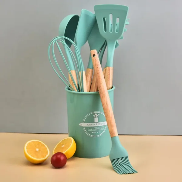 12-piece silicone kitchen utensil set with multiple functions Cooking Utensil Spatula Set with Wooden Handles - Image 3