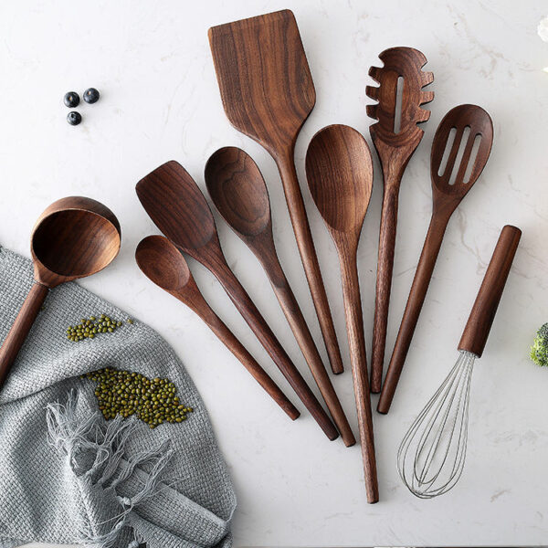 Superior Black Walnut Wooden Cooking Set with Nine Piece Utensils - Image 6