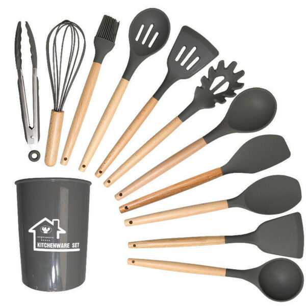 Twelve pieces of silicone kitchen accessories and cooking tools are on sale. Wooden-handled kitchen spatula utensil sets - Image 6