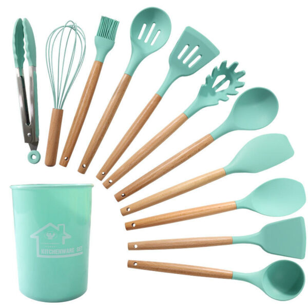 Twelve pieces of silicone kitchen accessories and cooking tools are on sale. Wooden-handled kitchen spatula utensil sets