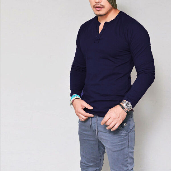 Brand New Discount Bulk Men's Long Sleeve Raglan T-Shirt with Three Buttons Henley Design - Image 4