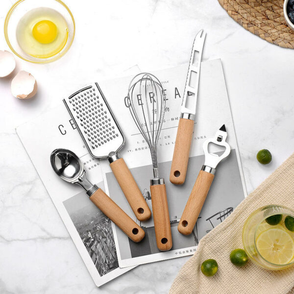 Nine wooden handle baking tools in a set Kitchen tools: pizza cheese cutter, bottle opener, stainless steel whisk, and can opener - Image 5