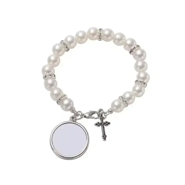 Excellent Christian Bracelet Made of Stainless Steel with Zircon Inlay and White Beads, Elastic for Women - Image 5