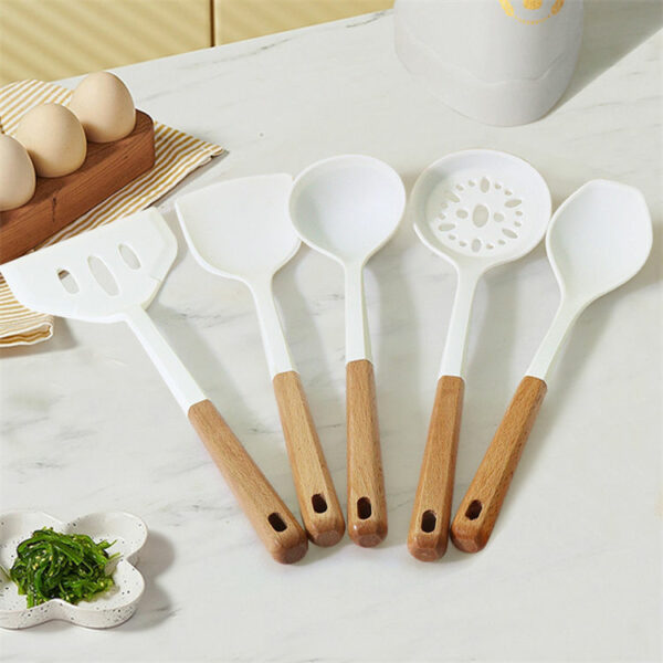 Twelve Piece Cooking Utensils in White Silicone Non-stick Cookware Set with Wooden Handle, Heat-Resistant Silicone Kitchen Utensils - Image 5