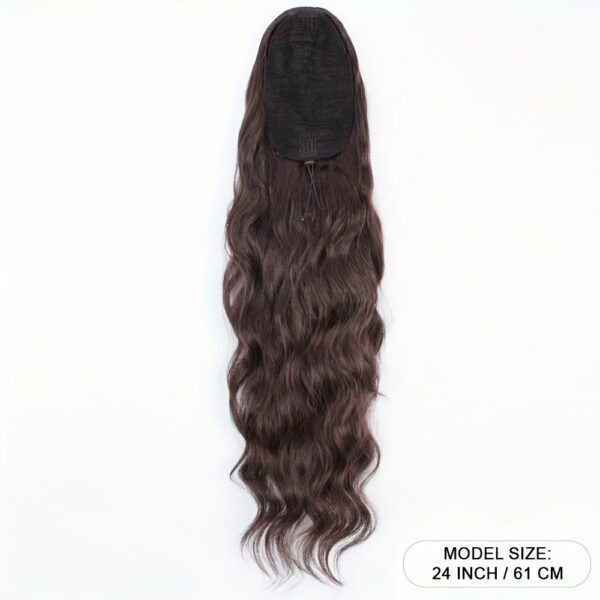 Heat-resistant brown synthetic ponytails with drawstrings for women, featuring a robust water body wave headpiece - Image 3