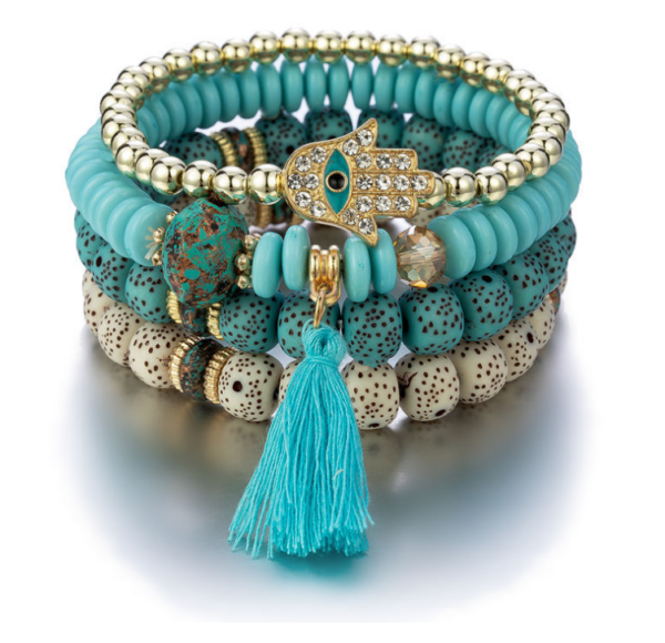 Bohemian ethnic bracelet in new jewelry Handmade, large-scale Fashion Beaded Bracelet with Tassels, Bergamot and Turquoise.