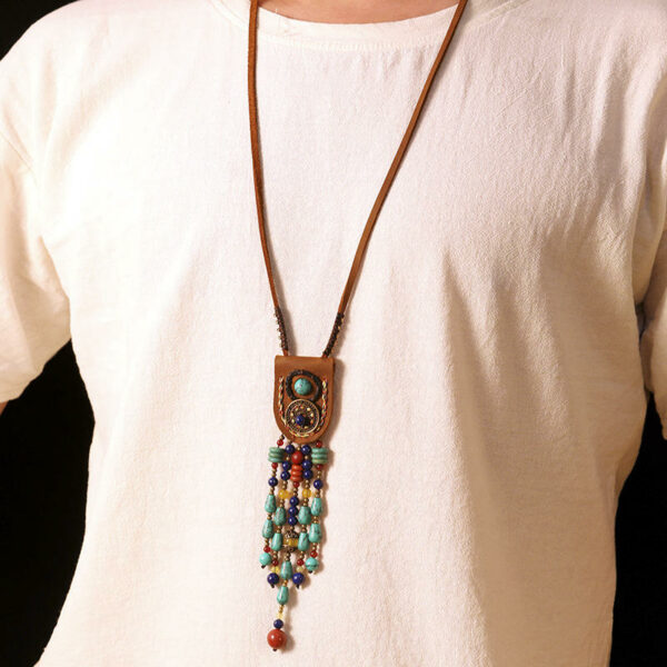 Handmade Sweater Chain in an Ethnic Style: Simple, Long Necklace with Antique Clothes Pendant